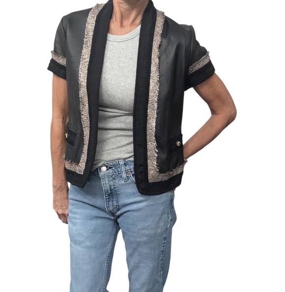 BCBG Max Azria Women's Black Leather Open Front Fringe Bikercore Jacket Size S - Picture 15 of 15